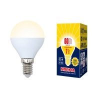 Лампа светодиодная. LED-G45-7W/WW/E14/FR/NR Форма "шар", матовая. Серия Norma. Теплый белый свет (3000K). Volpe