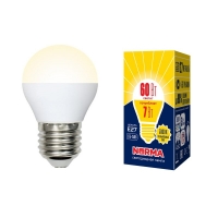 Лампа светодиодная. LED-G45-7W/WW/E27/FR/NR Форма "шар", матовая. Серия Norma. Теплый белый свет (3000K). Volpe